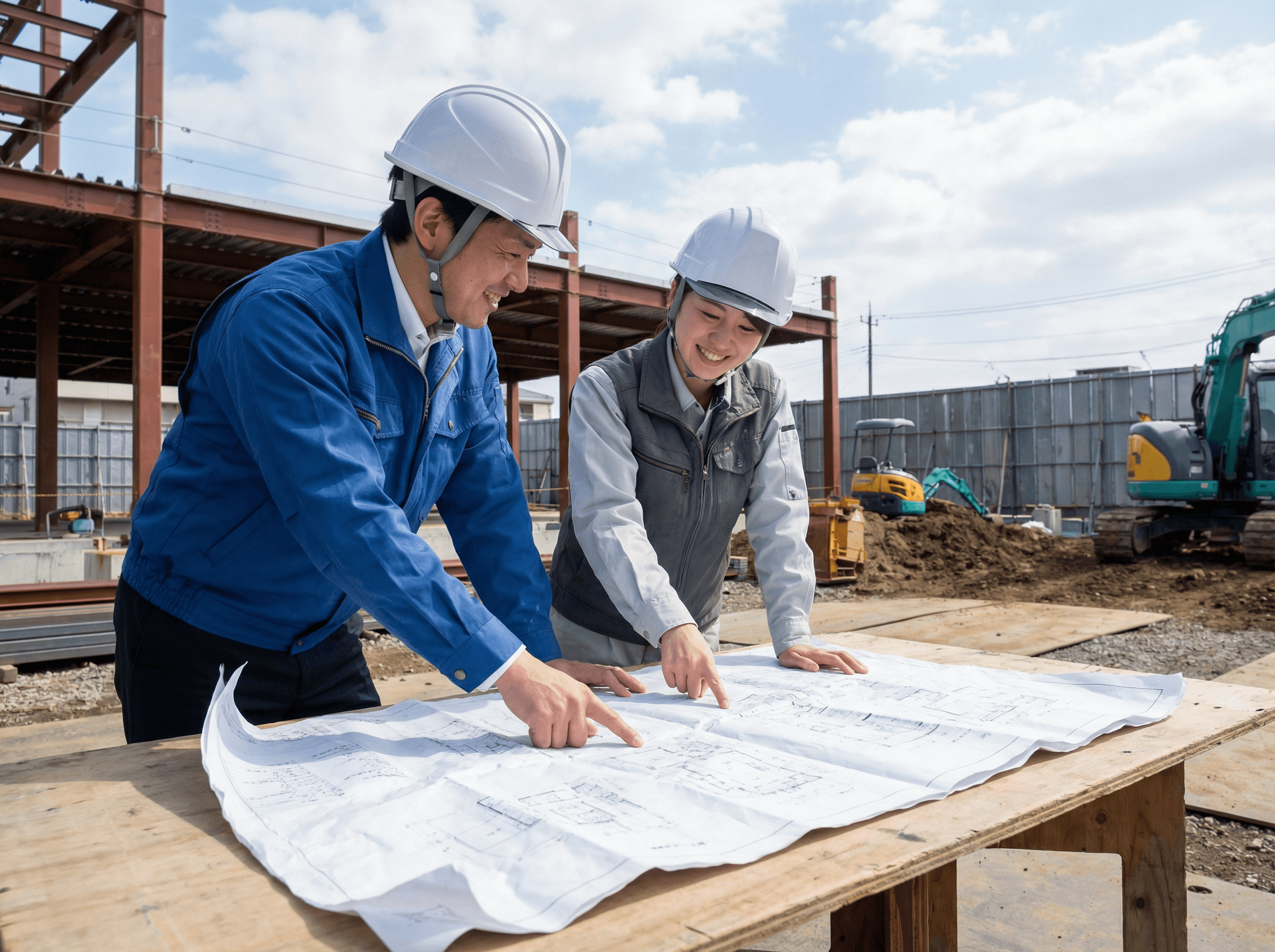 営業担当と技術者が現場で図面を広げて議論している様子